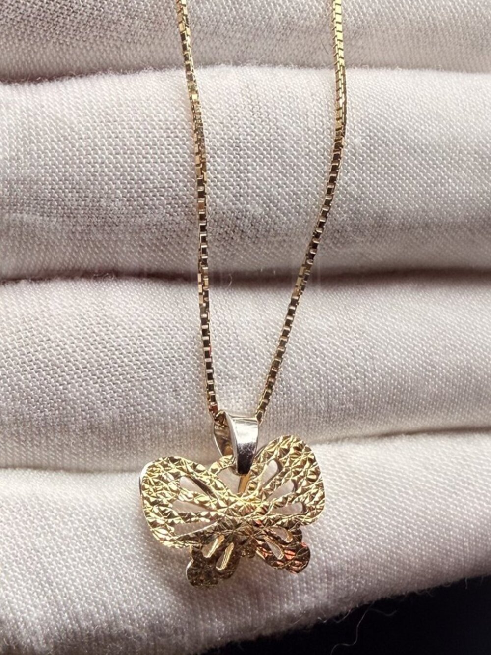 14K Two Tone Gold Butterfly Pendant With 0.8mm Box Chain - 18 inch